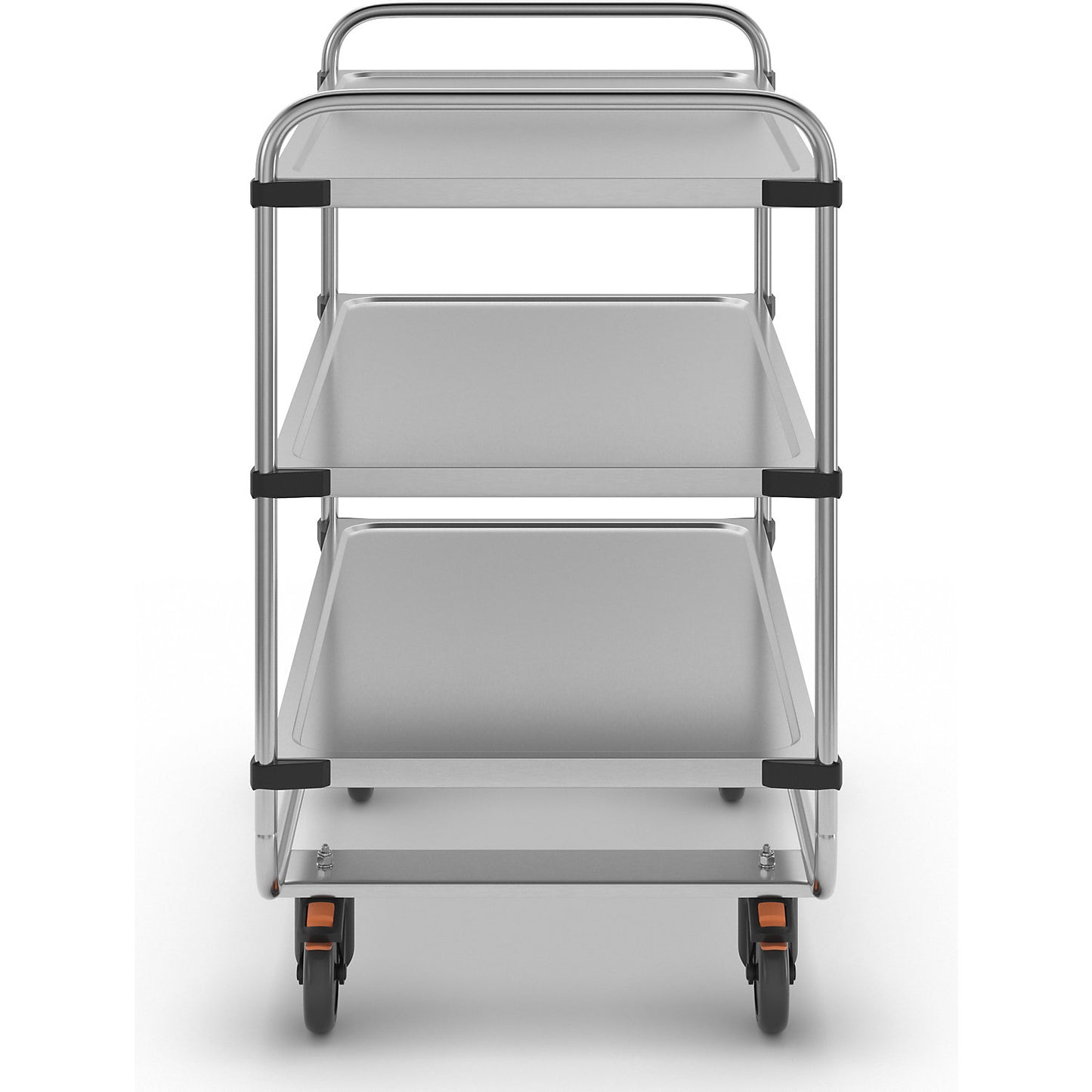 Stainless steel serving trolley, assembled, with 3 shelves, LxWxH 1035 x 635 x 1040 mm.