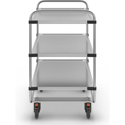Stainless steel serving trolley, assembled, with 3 shelves, LxWxH 1035 x 635 x 1040 mm.