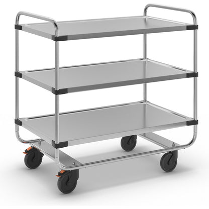 Stainless steel serving trolley, assembled, with 3 shelves, LxWxH 1035 x 635 x 1040 mm.