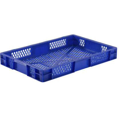 Euro stacking container, perforated walls and base, LxWxH 600 x 400 x 75 mm, blue, pack of 5.