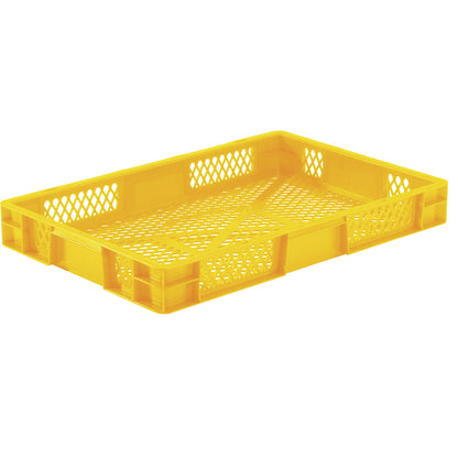 Euro stacking container, perforated walls and base, LxWxH 600 x 400 x 75 mm, yellow, pack of 5.