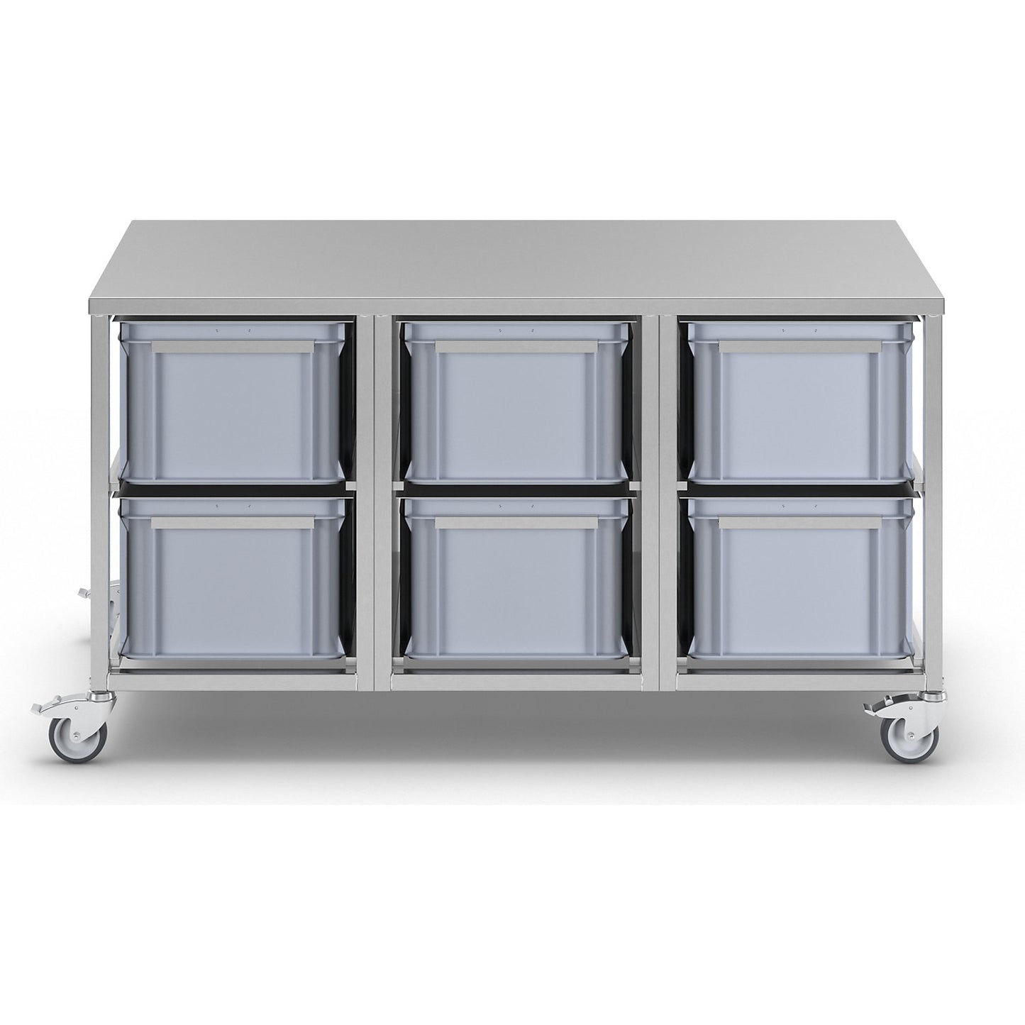 Stainless steel container trolley, 6 x 53 l containers, LxWxH 1445 x 675 x 790 mm.