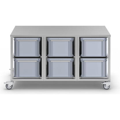 Stainless steel container trolley, 6 x 53 l containers, LxWxH 1445 x 675 x 790 mm.
