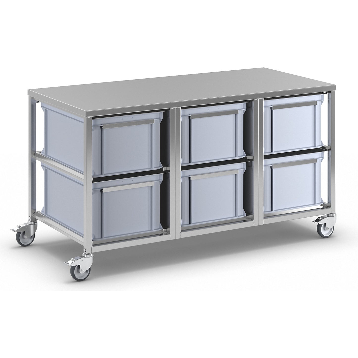 Stainless steel container trolley, 6 x 53 l containers, LxWxH 1445 x 675 x 790 mm.