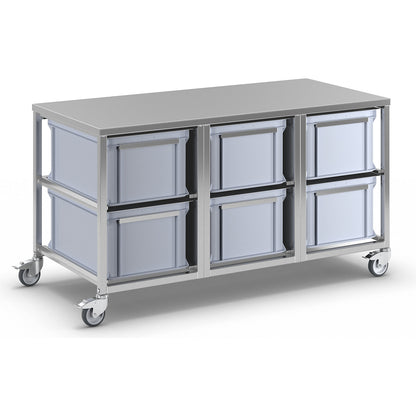 Stainless steel container trolley, 6 x 53 l containers, LxWxH 1445 x 675 x 790 mm.