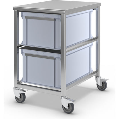Stainless steel container trolley, 2 x 53 l containers, LxWxH 500 x 660 x 790 mm.