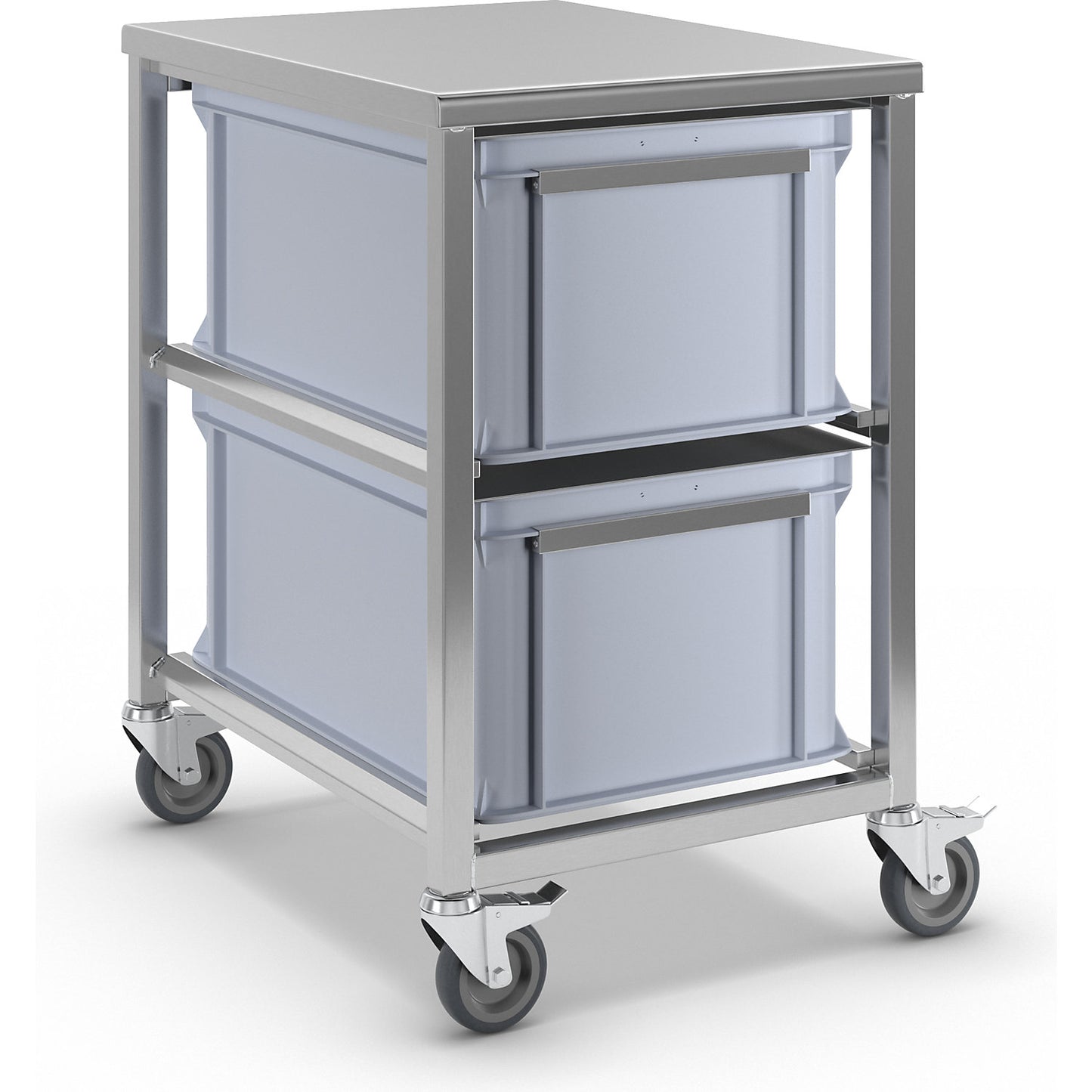 Stainless steel container trolley, 2 x 53 l containers, LxWxH 500 x 660 x 790 mm.