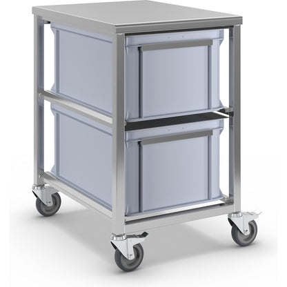 Stainless steel container trolley, 2 x 53 l containers, LxWxH 500 x 660 x 790 mm.