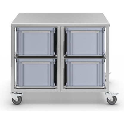 Stainless steel container trolley, 4 x 53 l containers, LxWxH 970 x 660 x 790 mm.