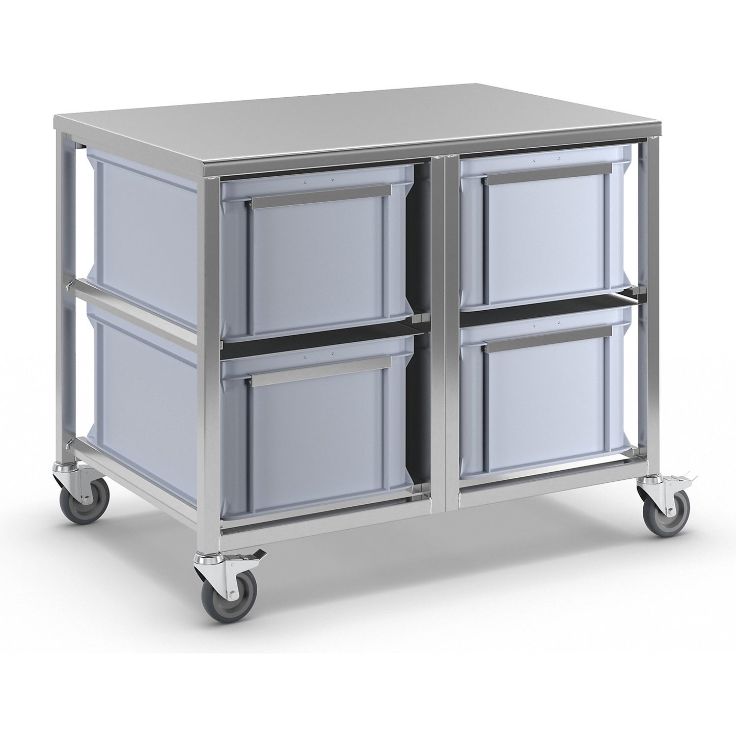 Stainless steel container trolley, 4 x 53 l containers, LxWxH 970 x 660 x 790 mm.