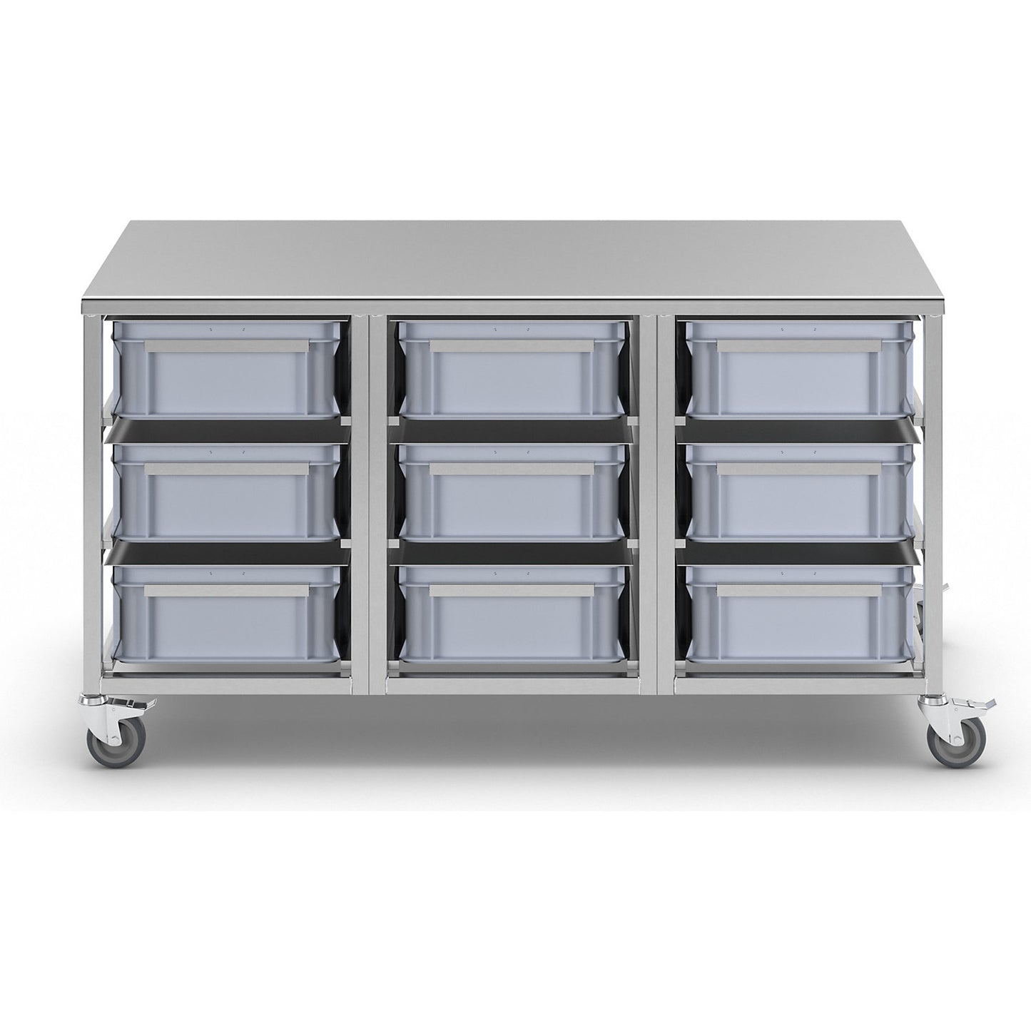 Stainless steel container trolley, 9 x 30 l containers, LxWxH 1445 x 675 x 790 mm.