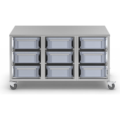 Stainless steel container trolley, 9 x 30 l containers, LxWxH 1445 x 675 x 790 mm.