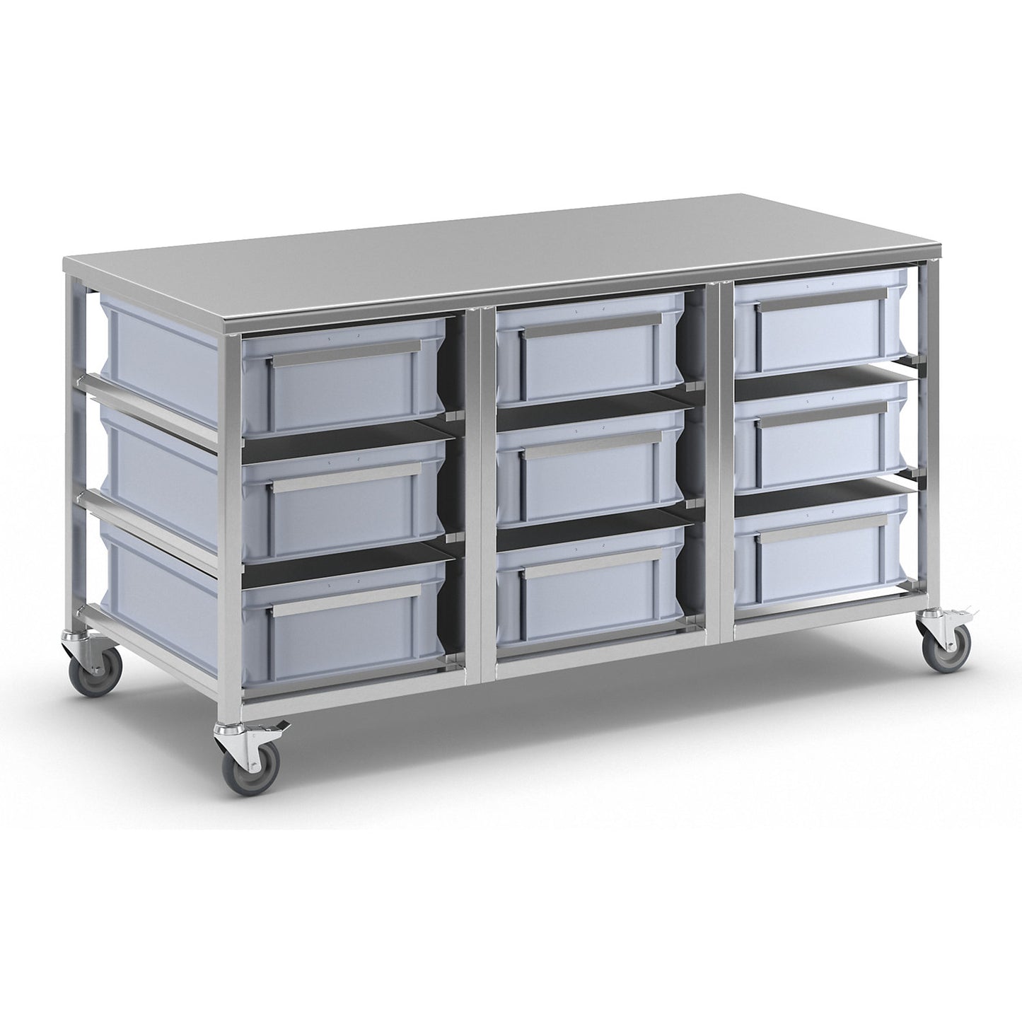 Stainless steel container trolley, 9 x 30 l containers, LxWxH 1445 x 675 x 790 mm.