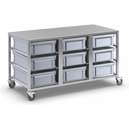 Stainless steel container trolley, 9 x 30 l containers, LxWxH 1445 x 675 x 790 mm.