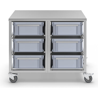Stainless steel container trolley, 6 x 30 l containers, LxWxH 970 x 660 x 790 mm.