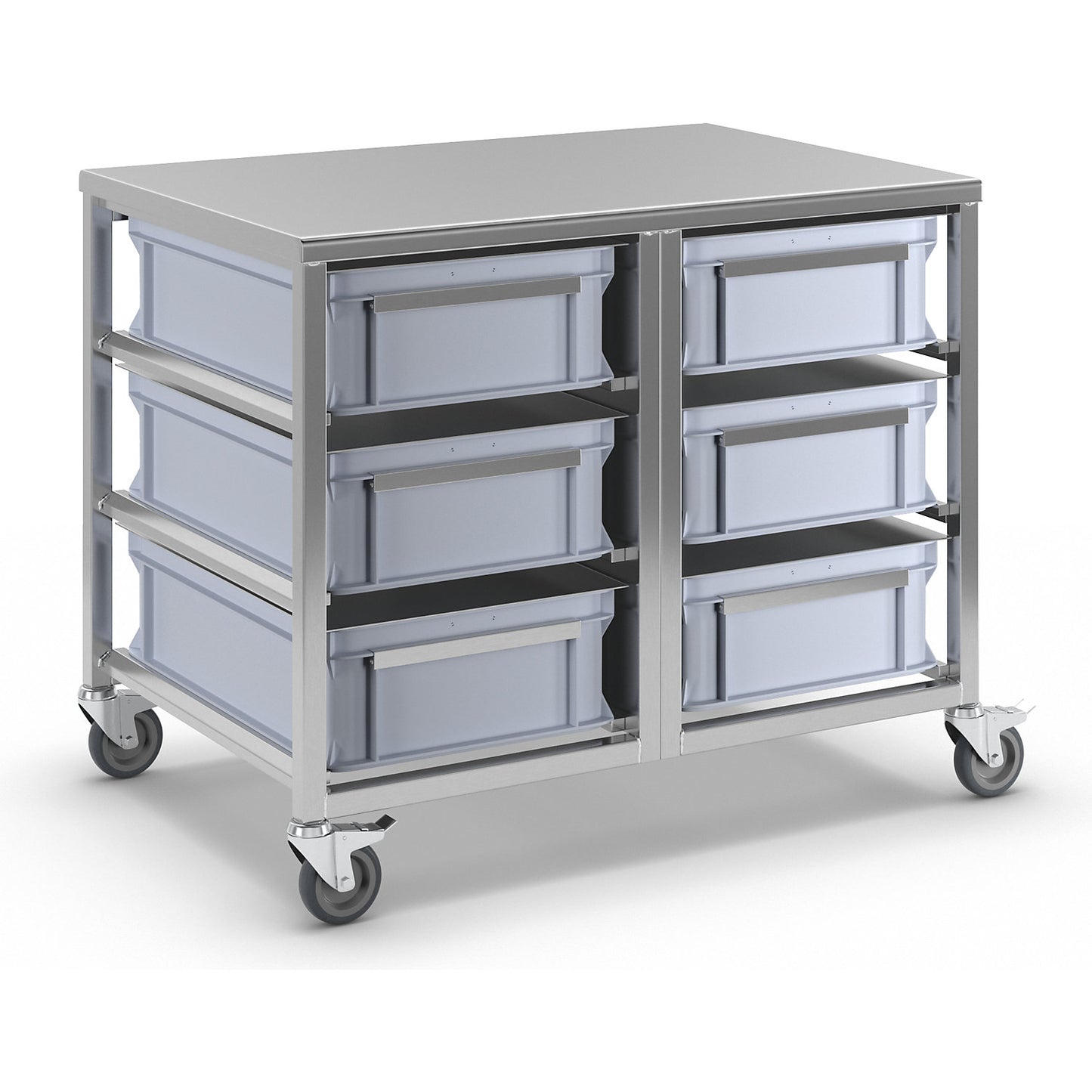 Stainless steel container trolley, 6 x 30 l containers, LxWxH 970 x 660 x 790 mm.