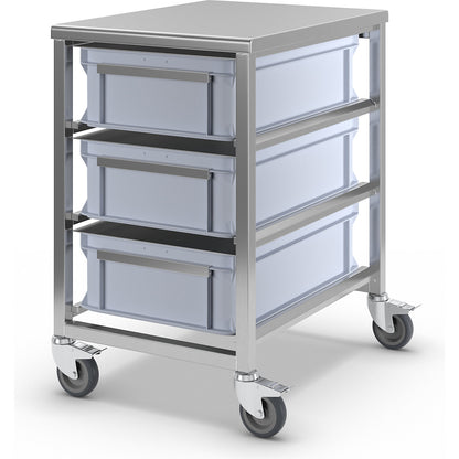 Stainless steel container trolley, 3 x 25 l containers, LxWxH 505 x 675 x 790 mm.