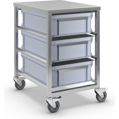 Stainless steel container trolley, 3 x 25 l containers, LxWxH 505 x 675 x 790 mm.