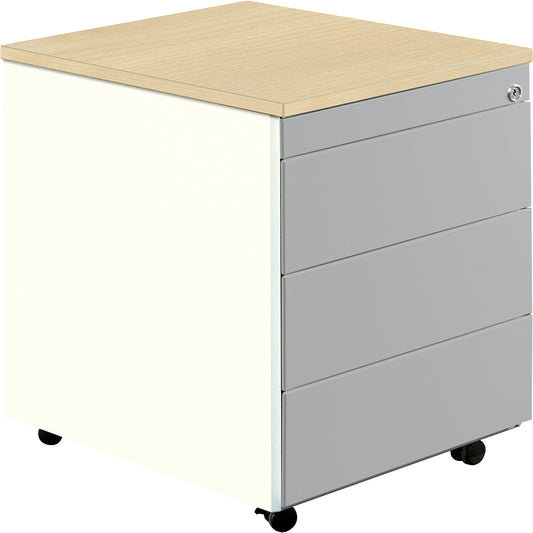 Drawer pedestal with castors, HxD 579 x 600 mm, plastic top, 3 drawers, pure white / white aluminium / maple.