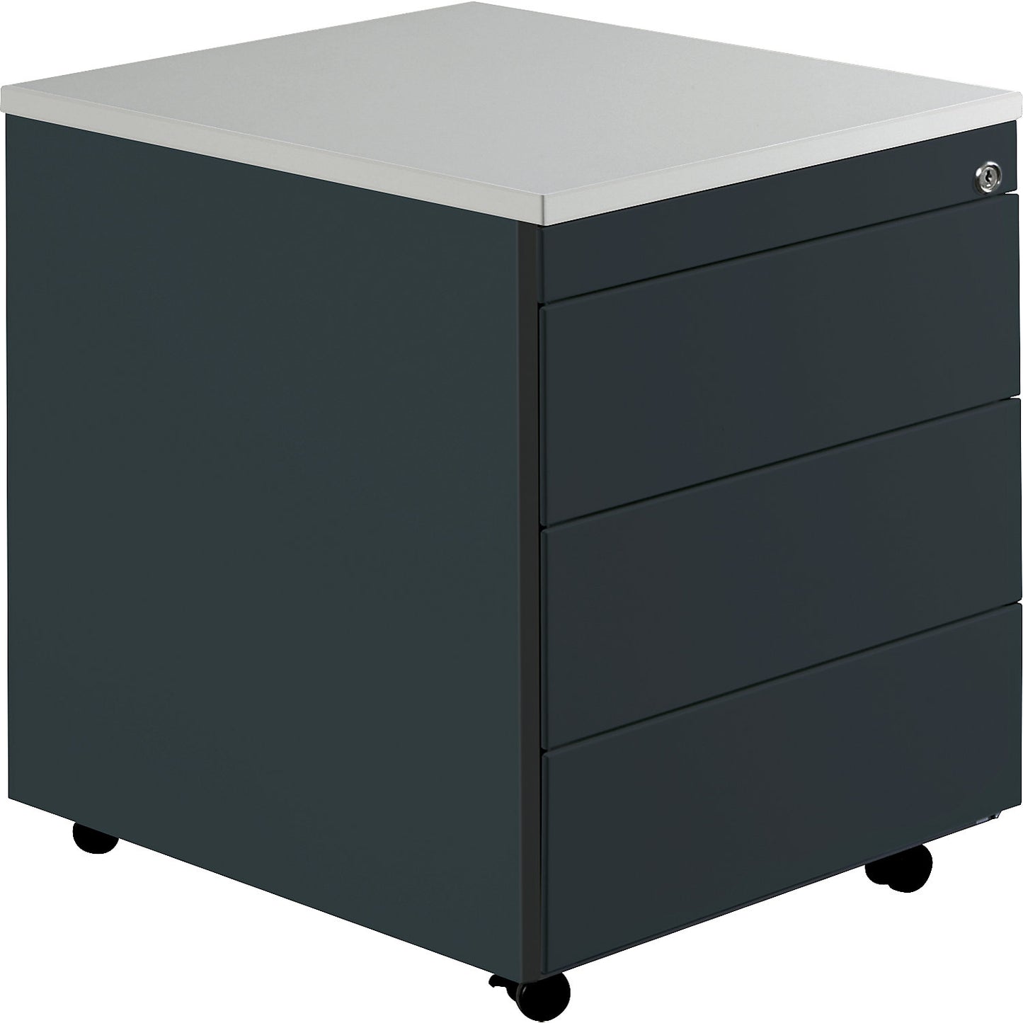 Drawer pedestal with castors, HxD 579 x 600 mm, plastic top, 3 drawers, charcoal / charcoal / light grey.