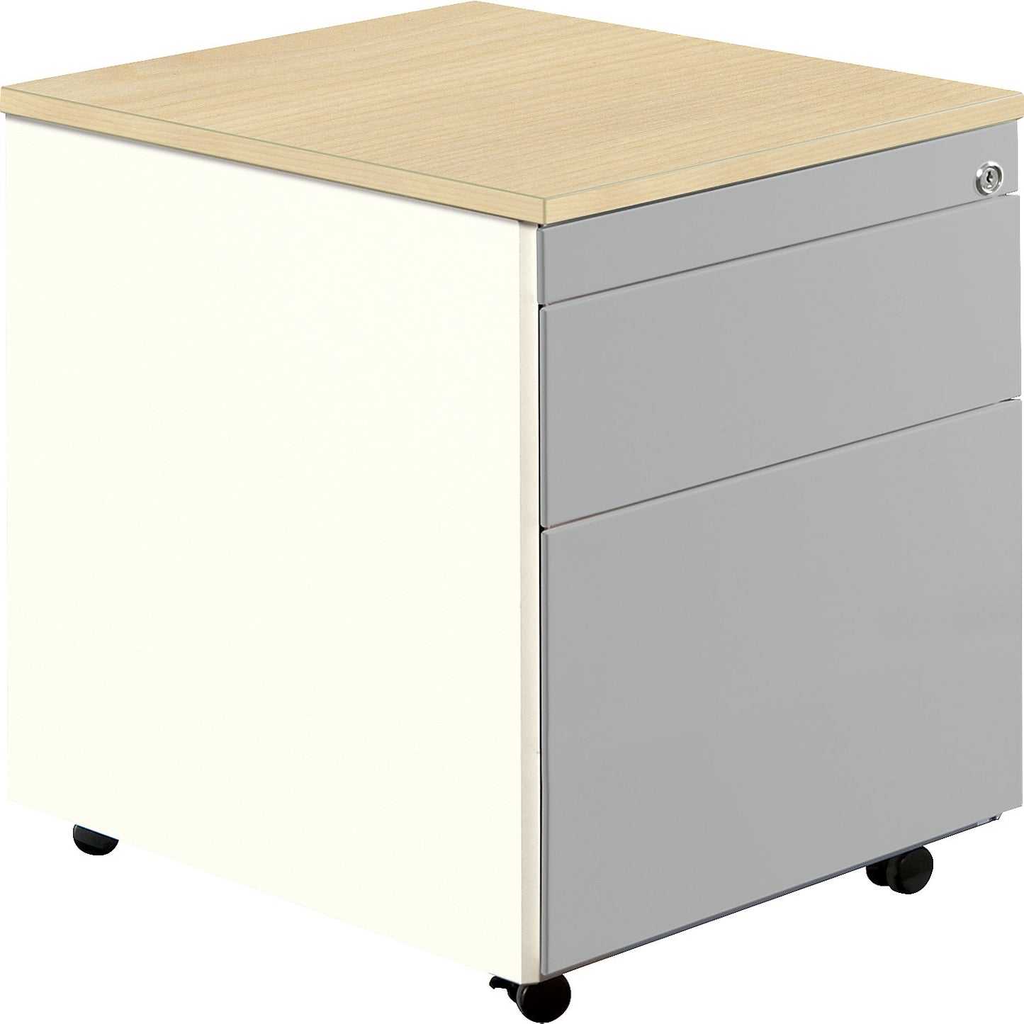 Drawer pedestal with castors, HxD 579 x 600 mm, 1 drawer, 1 suspension file drawer, pure white / white aluminium / maple.