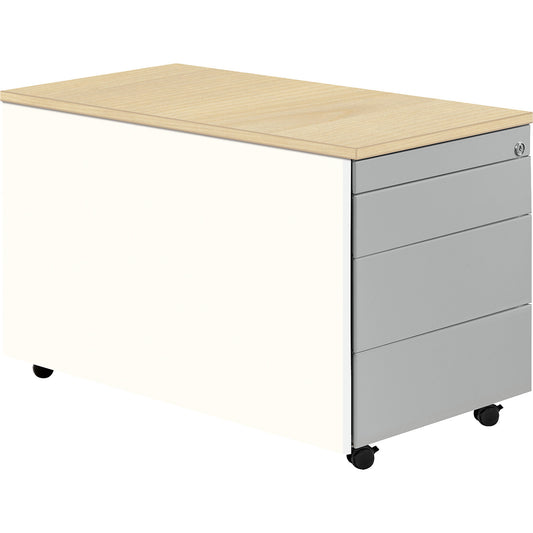 Drawer pedestal with castors, HxD 529 x 800 mm, plastic top, 3 drawers, pure white / white aluminium / maple.