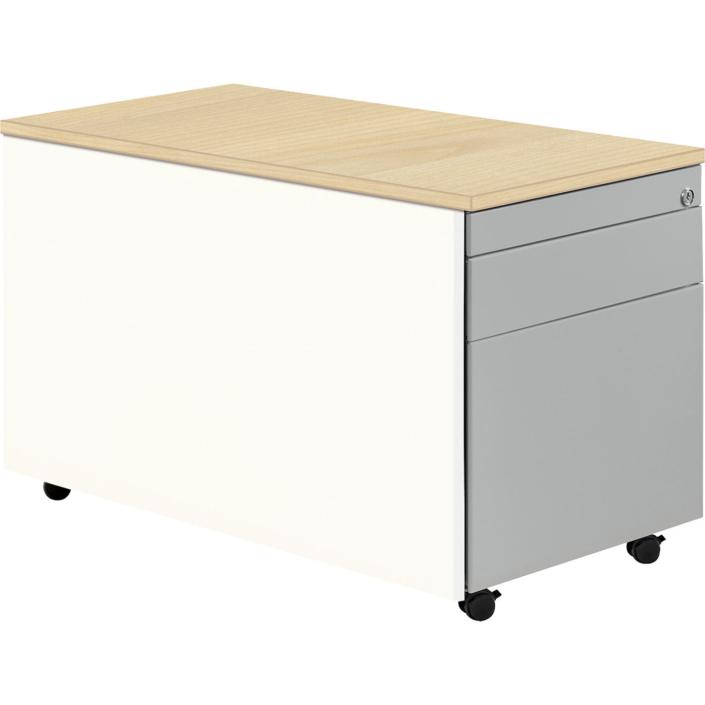 Drawer pedestal with castors, HxD 529 x 800 mm, 1 drawer, 1 suspension file drawer, pure white / white aluminium / maple.