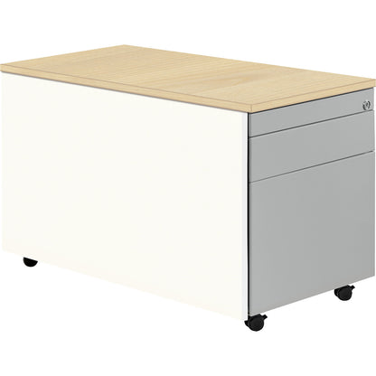 Drawer pedestal with castors, HxD 529 x 800 mm, 1 drawer, 1 suspension file drawer, pure white / white aluminium / maple.