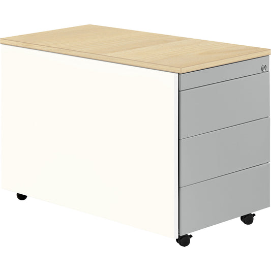 Drawer pedestal with castors, HxD 579 x 800 mm, plastic top, 3 drawers, pure white / white aluminium / maple.