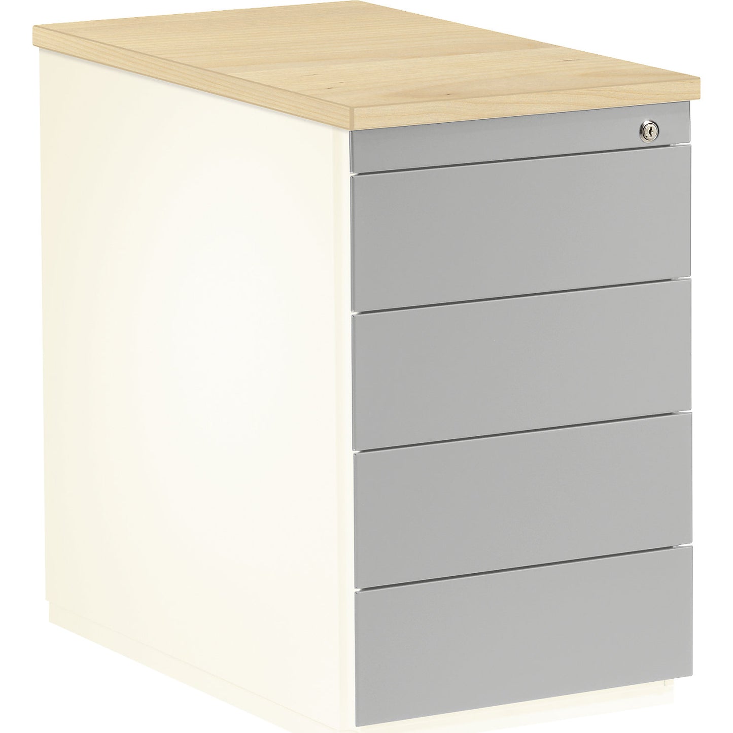 Drawer pedestal, HxD 720 x 800 mm, 4 drawers, pure white / white aluminium / maple.