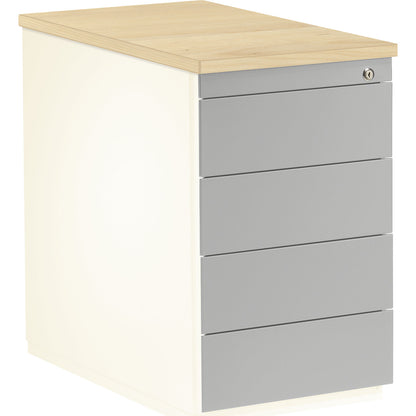 Drawer pedestal, HxD 720 x 800 mm, 4 drawers, pure white / white aluminium / maple.