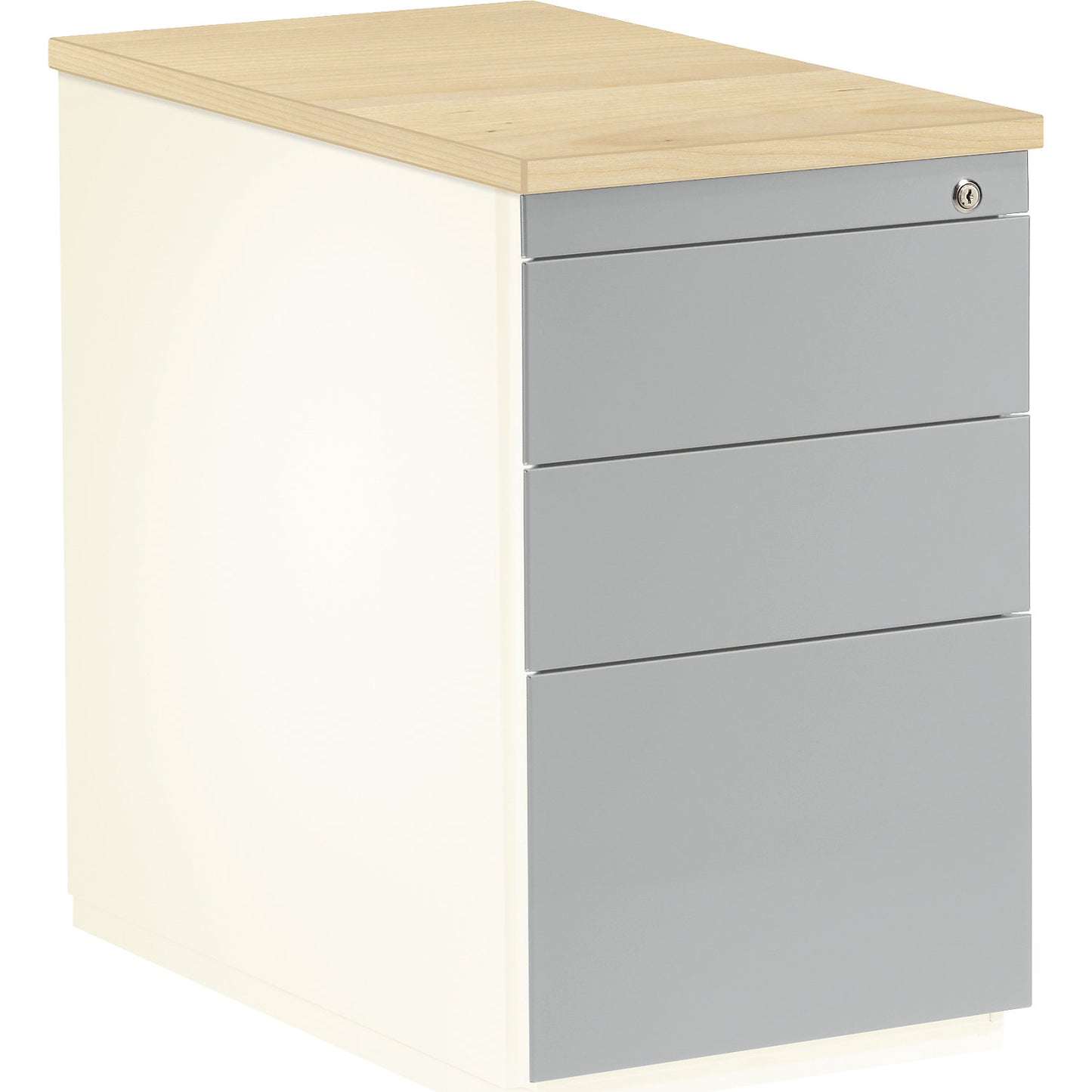 Drawer pedestal, HxD 720 x 800 mm, 2 drawers, 1 suspension file drawer, pure white / white aluminium / maple.