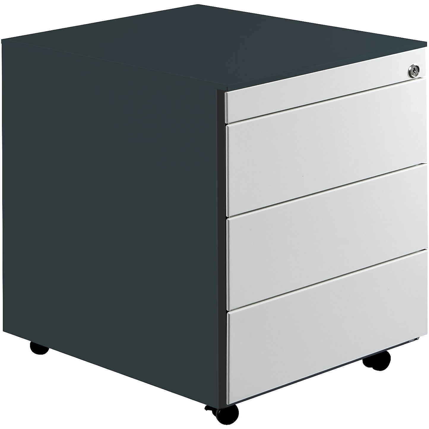 Drawer pedestal with castors, HxD 570 x 600 mm, steel top, 3 drawers, charcoal / light grey.