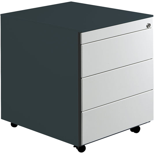 Drawer pedestal with castors, HxD 570 x 600 mm, steel top, 3 drawers, charcoal / light grey.