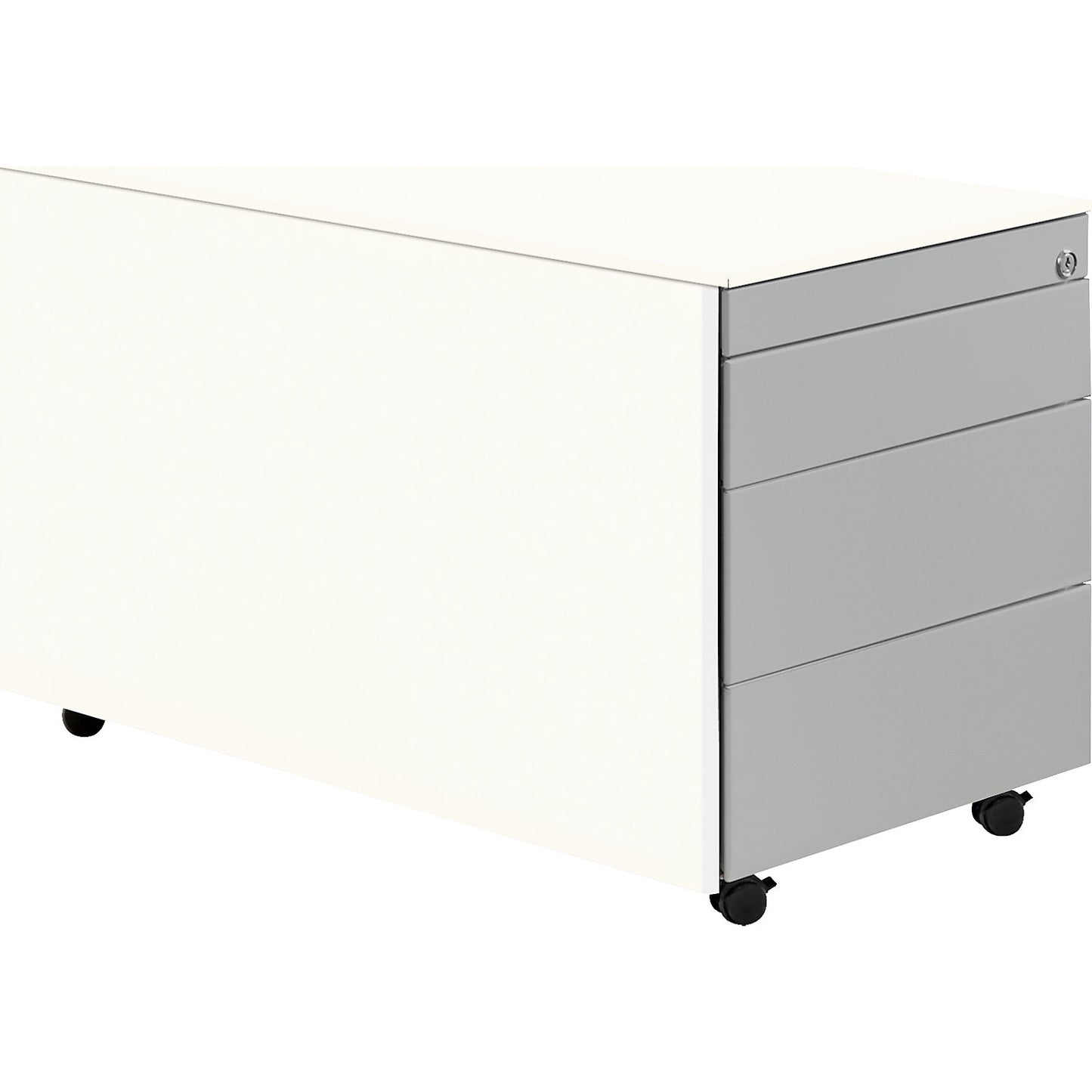Drawer pedestal with castors, HxD 520 x 800 mm, steel top, 3 drawers, pure white / white aluminium / pure white.