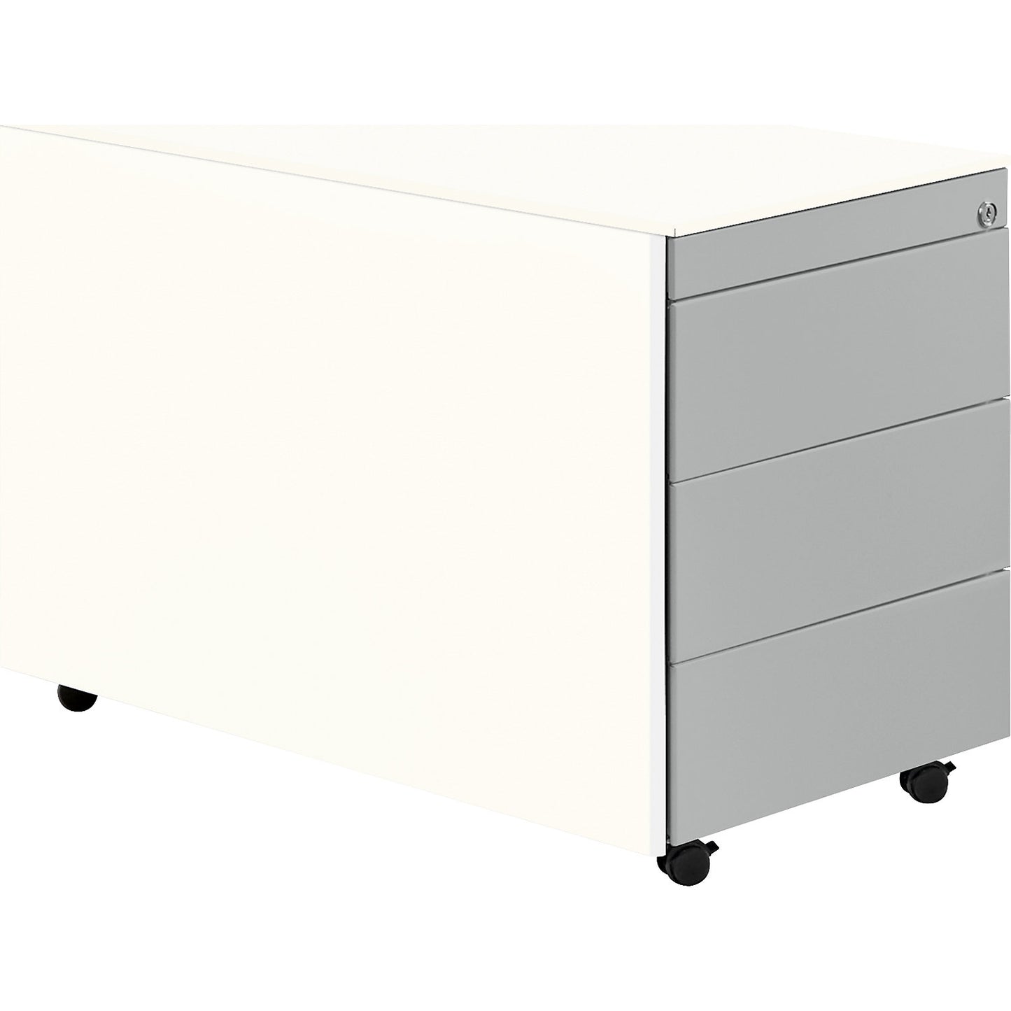 Drawer pedestal with castors, HxD 570 x 800 mm, steel top, 3 drawers, pure white / white aluminium / white.