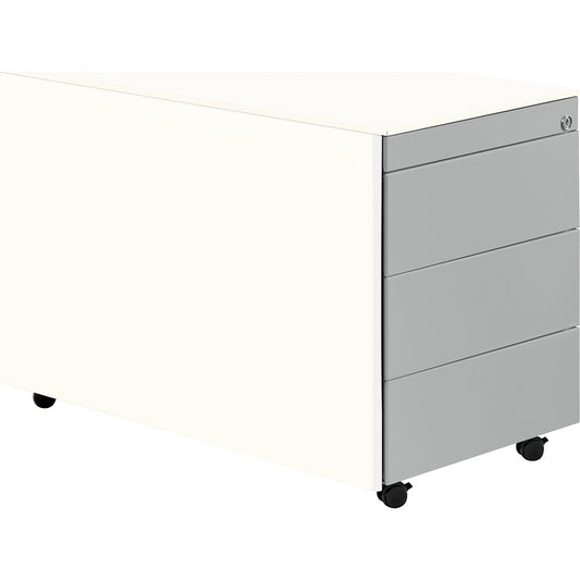 Drawer pedestal with castors, HxD 570 x 800 mm, steel top, 3 drawers, pure white / white aluminium / white.