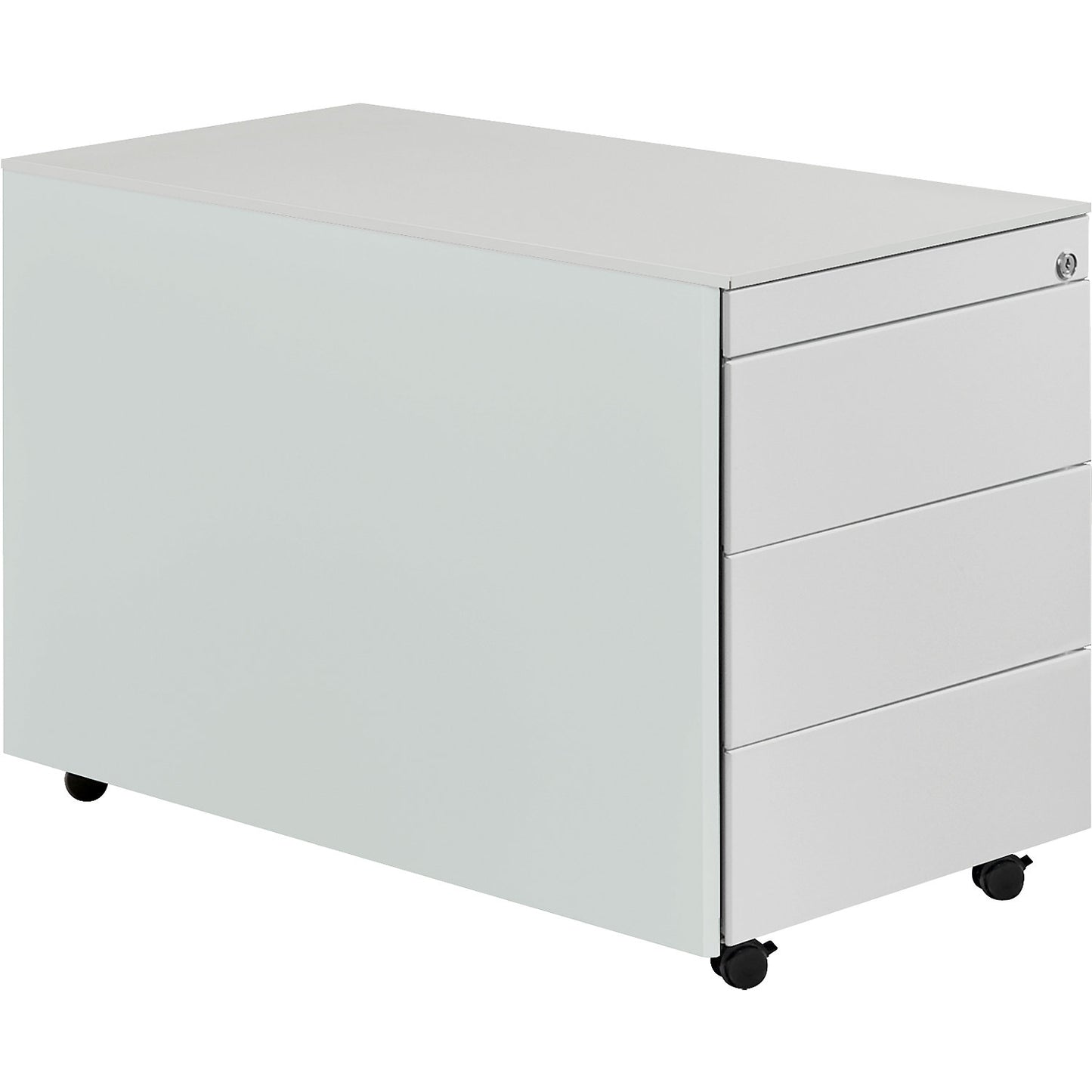 Drawer pedestal with castors, HxD 570 x 800 mm, steel top, 3 drawers, light grey / light grey / light grey.