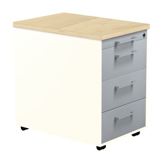 Mobile pedestal on castors, HxD 579 x 600 mm, 3 drawers, pure white / white aluminium / maple.