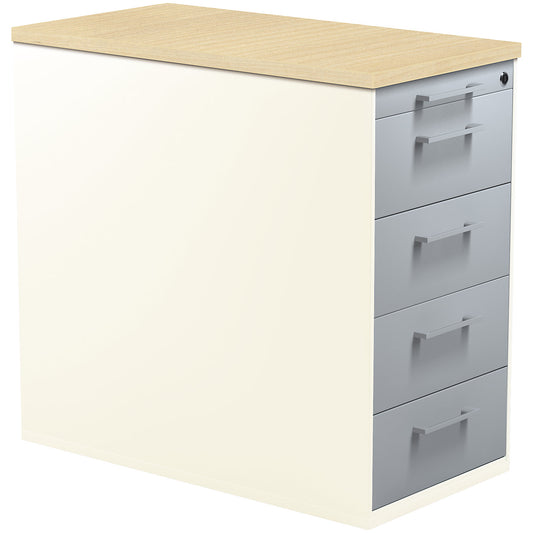 Drawer pedestal with plinth, height 720 mm, plastic top, 4 drawers, pure white / white aluminium / maple.