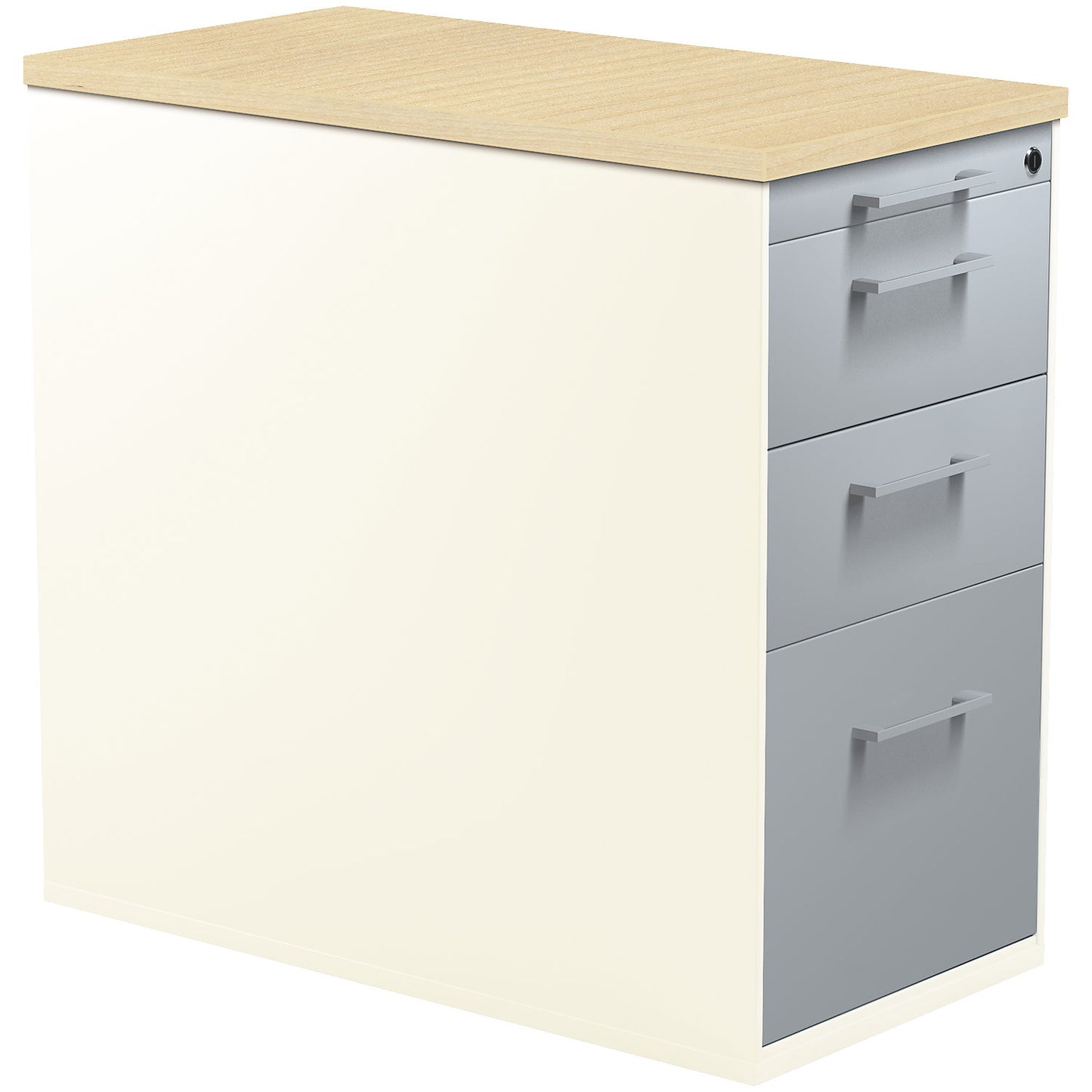 Drawer pedestal with plinth, height 720 mm, 2 drawers, 1 suspension file drawer, pure white / white aluminium / maple.