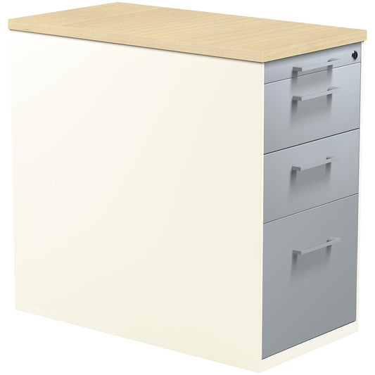 Drawer pedestal with plinth, height 720 mm, 2 drawers, 1 suspension file drawer, pure white / white aluminium / maple.