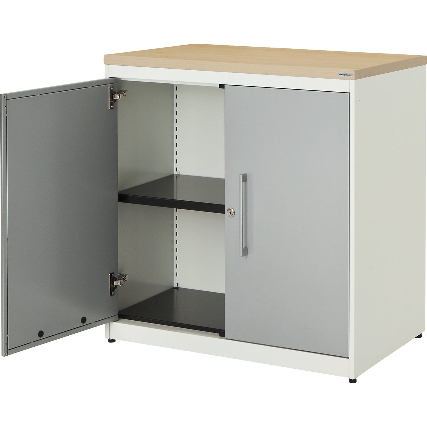 Double door cupboard, HxW 830 x 800 mm, plastic panel, 1 shelf, pure white / white aluminium / maple.