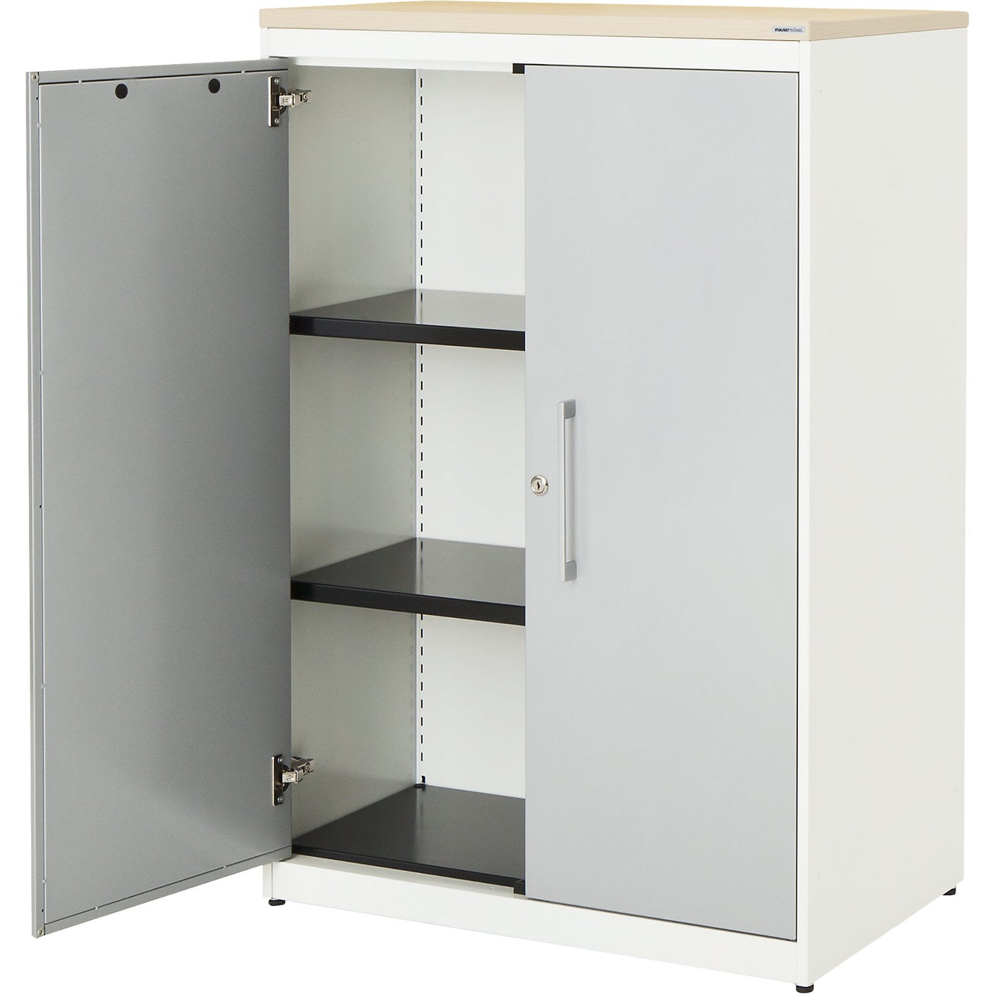 Double door cupboard, HxW 1180 x 800 mm, plastic panel, 2 shelves, pure white / white aluminium / maple.