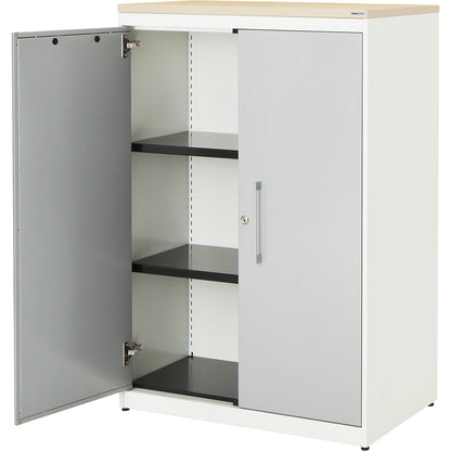 Double door cupboard, HxW 1180 x 800 mm, plastic panel, 2 shelves, pure white / white aluminium / maple.
