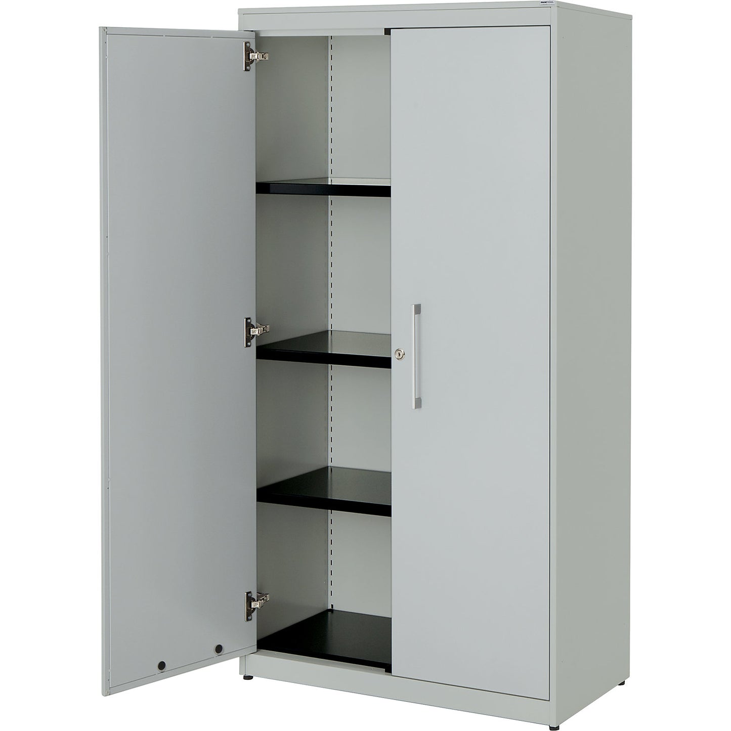 Double door cupboard, HxW 1516 x 800 mm, steel cover plate, 3 shelves, light grey / light grey / light grey.