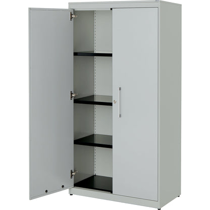 Double door cupboard, HxW 1516 x 800 mm, steel cover plate, 3 shelves, light grey / light grey / light grey.
