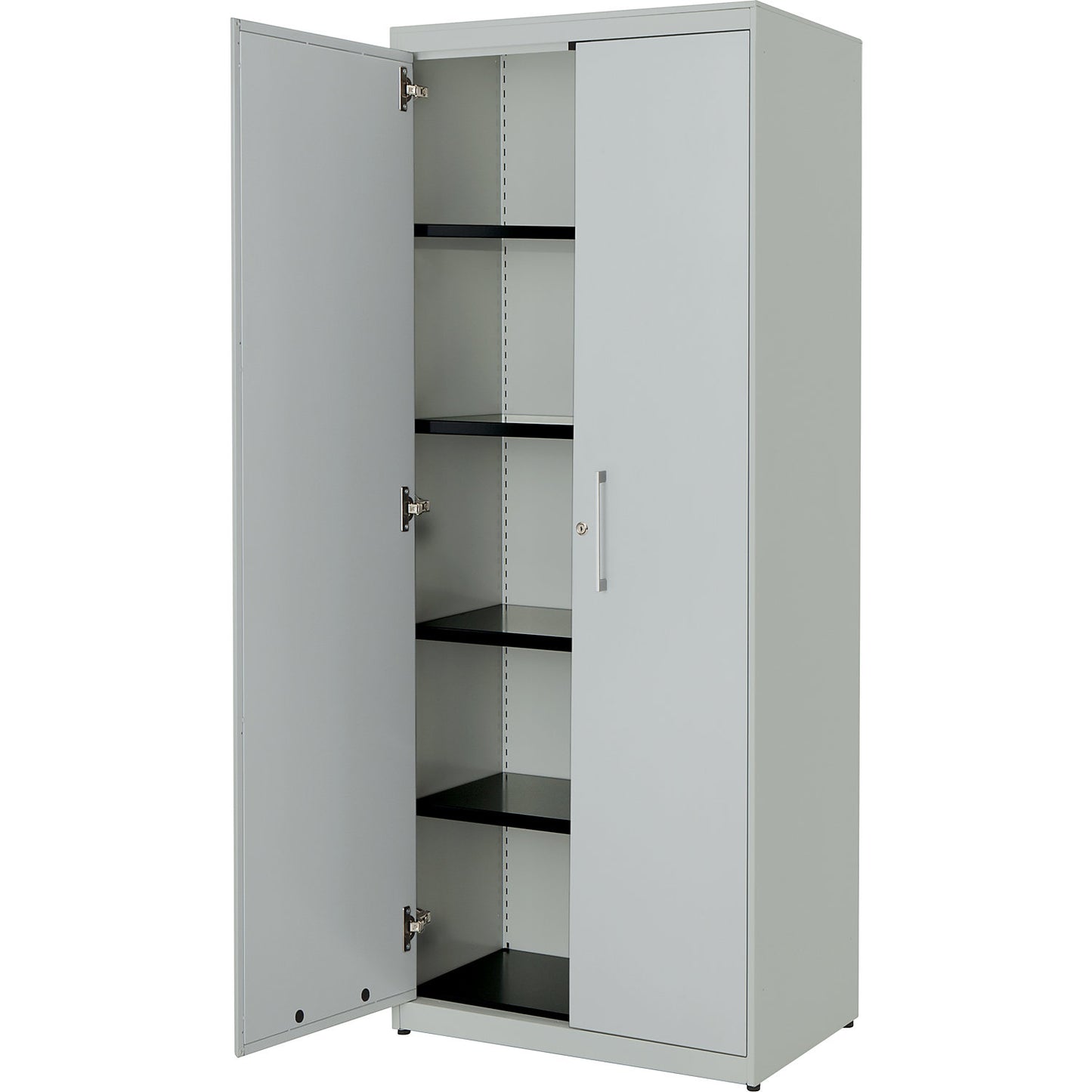 Double door cupboard, HxW 1956 x 800 mm, steel cover plate, 4 shelves, light grey / light grey / light grey.