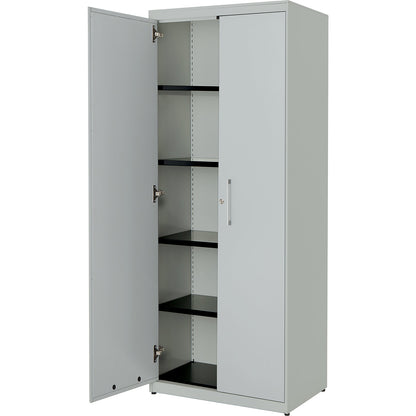 Double door cupboard, HxW 1956 x 800 mm, steel cover plate, 4 shelves, light grey / light grey / light grey.