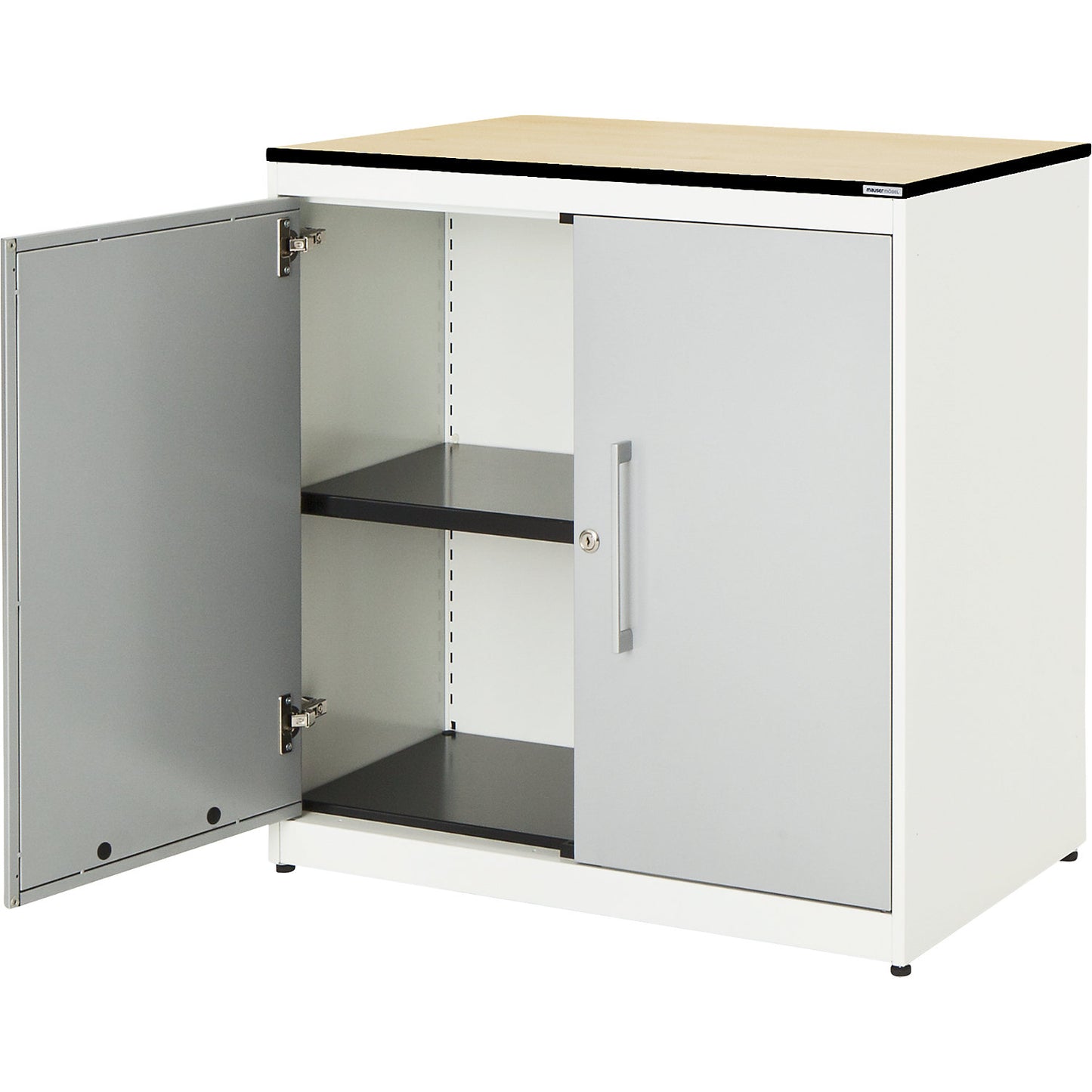 Double door cupboard, HxW 818 x 800 mm, HPL solid core panel, 1 shelf, pure white / white aluminium / maple.